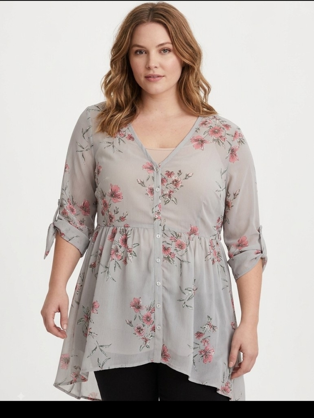 Torrid Lexie Chiffon Babydoll Hi Lo Tunic Gray And Pink Floral Sz 00
